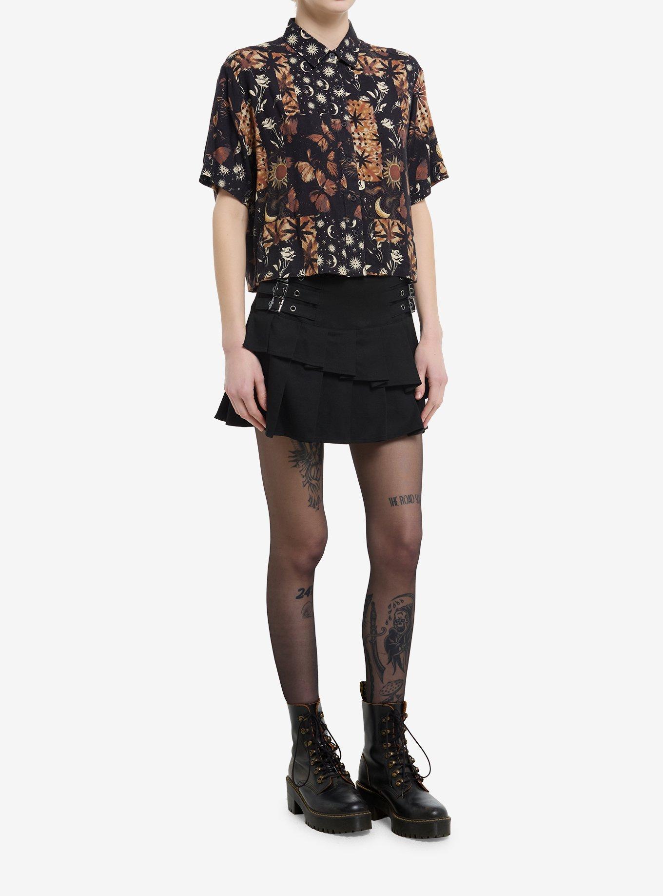 Cosmic Aura Brown Celestial Floral Patchwork Girls Boxy Woven Button-Up, , hi-res
