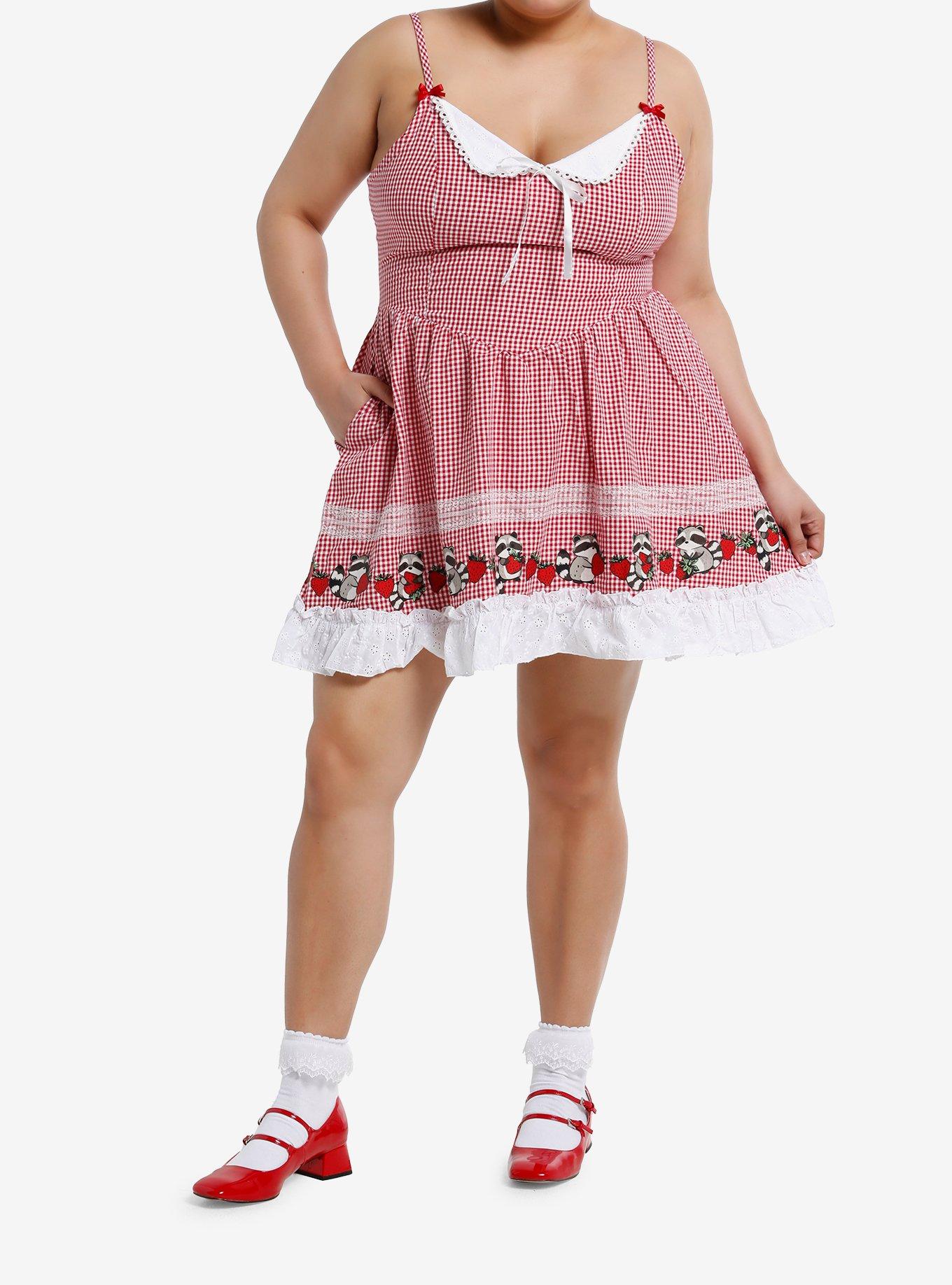 Thorn & Fable Raccoons & Strawberries Red Gingham Cami Dress Plus Size, , hi-res