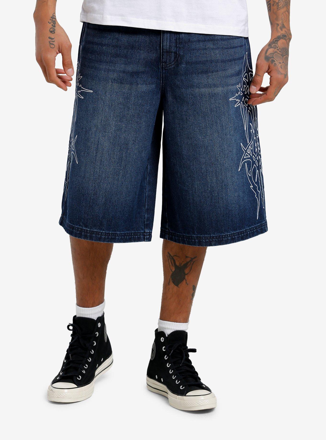 Dark Indigo Cyber Tribal Print Wide Denim Shorts